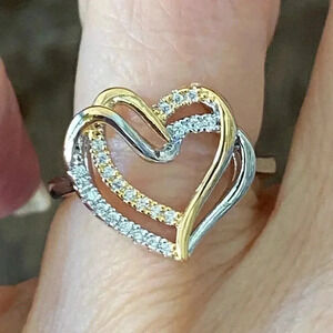 SIZE 6 Two Tone Crystal Open Hearts Ring New